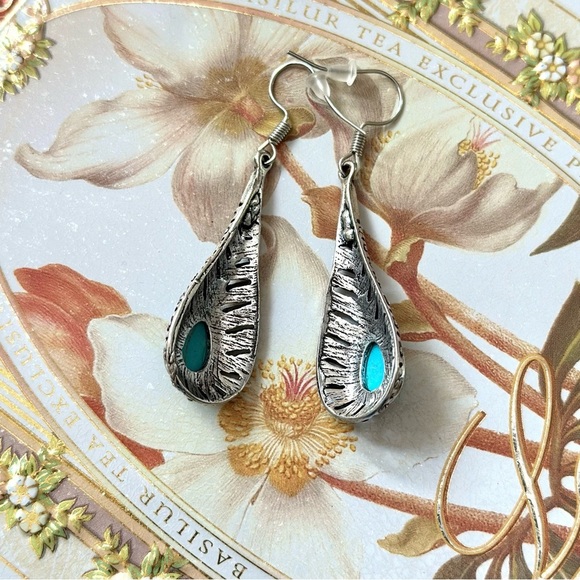 ⭐️ 5 for $25 Semi-precious Stone Antique Teardrop Turquoise & Silver Earrings - Picture 3 of 6
